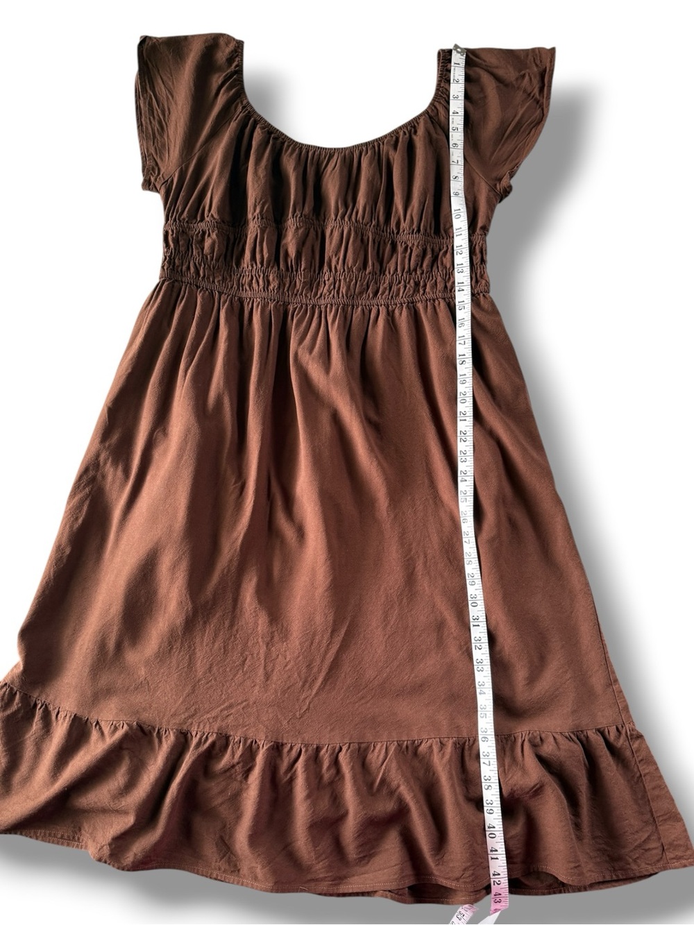 Shiny By Nature Poem Linen Blend Peasant Dress Size Large Smocked Waist Brown - Picture 6 of 9